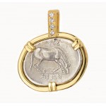  Ancient Greek Thessaly Larissa Horse Silver Drachm in18kt Gold & Diamond Pendant  circa 350-325 B.C.